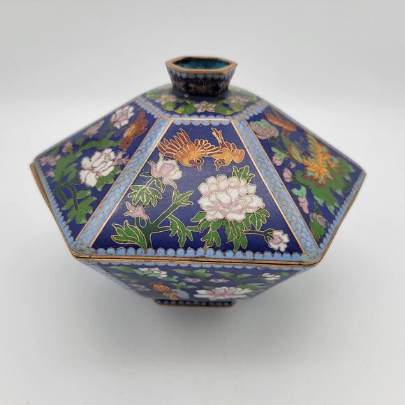 Antique Chinese Cloisonné Hexagonal Shaped Lidded Bowl - Picture 8 of 13